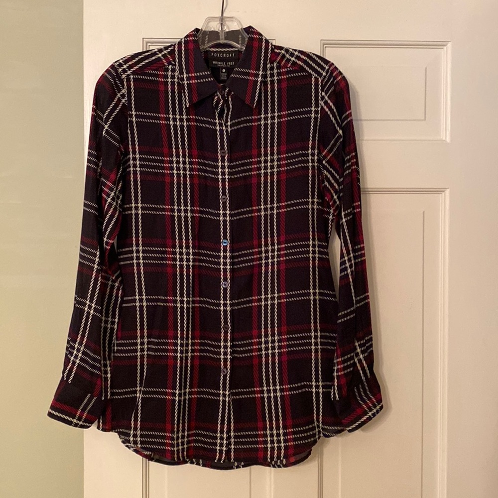Foxcroft blouse, size 4, black with white/burgundy plaid. Wrinkle free.